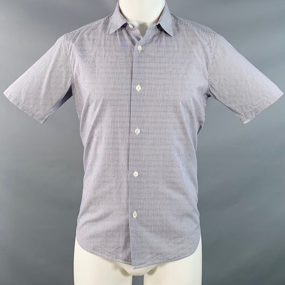 AGNÈS B. Size 38 Navy White Gingham Cotton Button Down Collar Short Sleeve Shirt